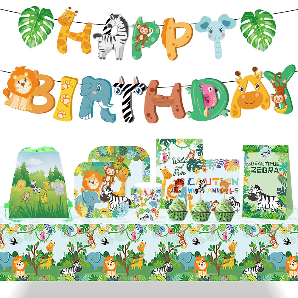 Jungle Animal Theme Lion Zoo Party Birthday Banner Paper Plate Paper ...