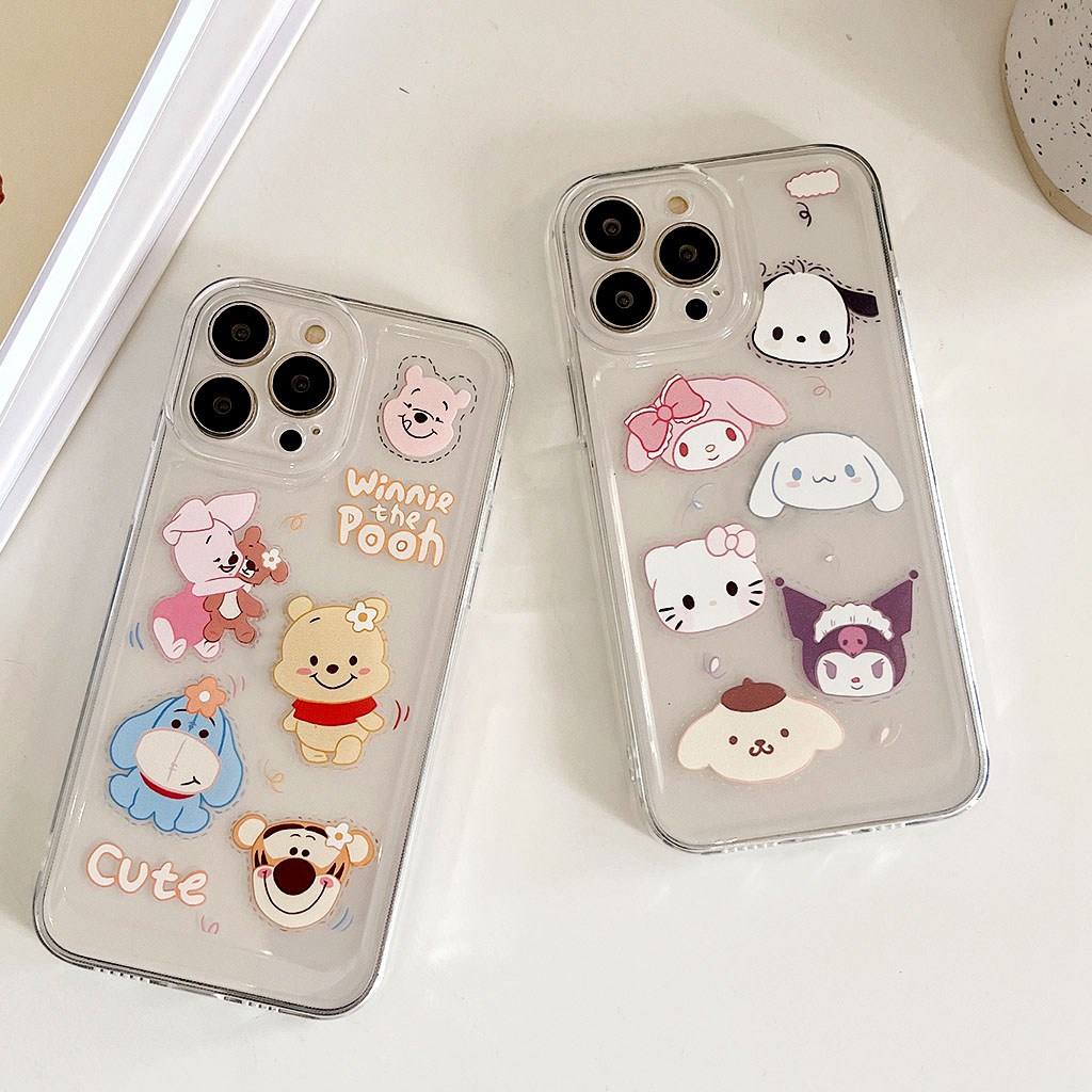 For iPhone 11 13 12 Pro Max Cartoon Winnie Bear Cinnamoroll Melody Pompom Purin TPU Space Phone Case Anti-scratch Fall-proof Dirt Resistant Protective Clear Cover for XR 7 8 Plus