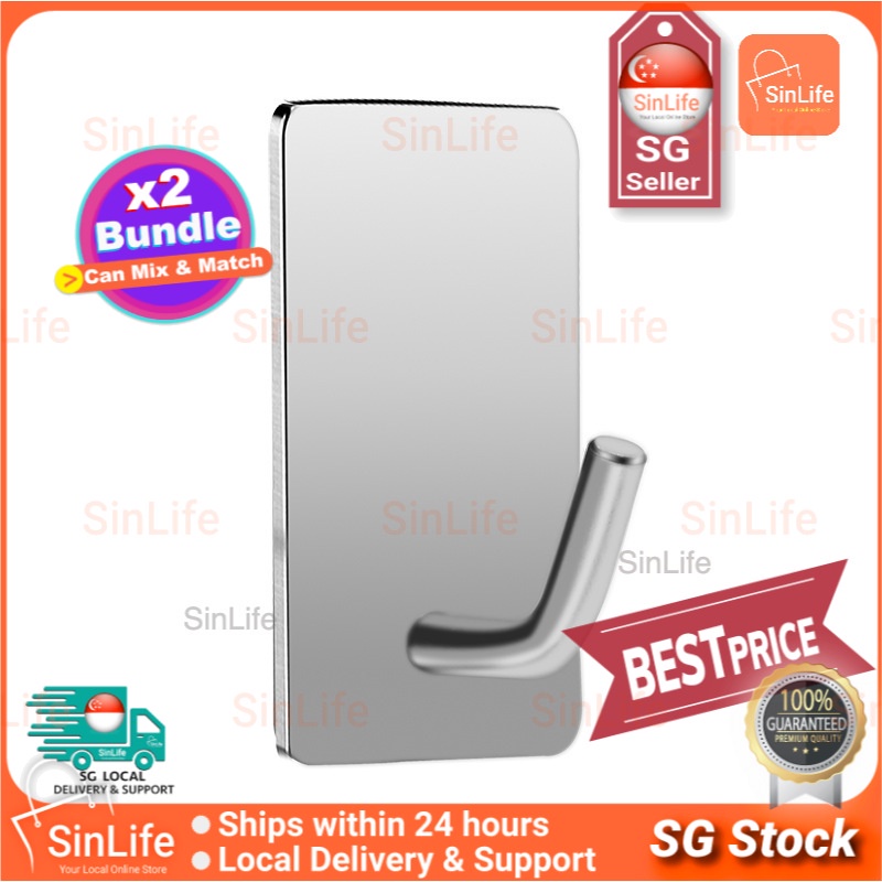 [🇸🇬 SG Stock](x2 bundle)Stainless Steel Adhesive Hooks Waterproof