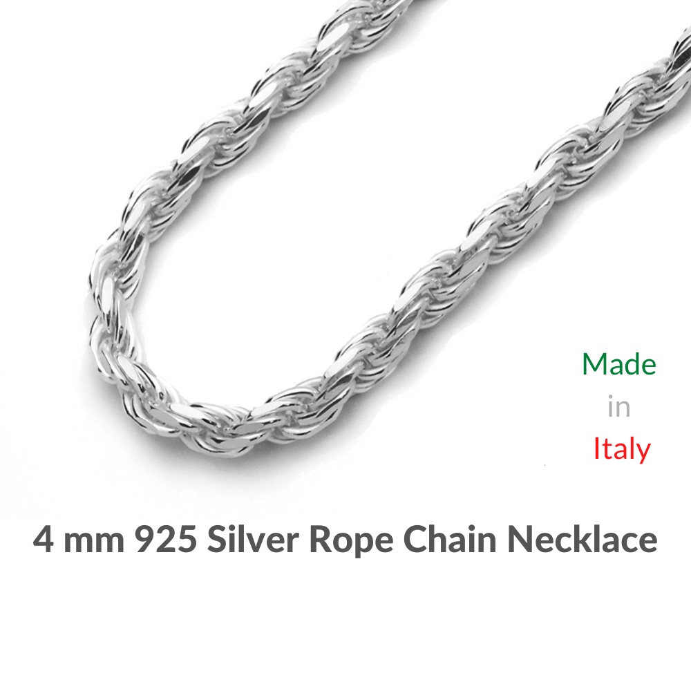 AGALIL Italy 925 Silver 4 mm Men Rope Chain Necklace. 16 18 20 22