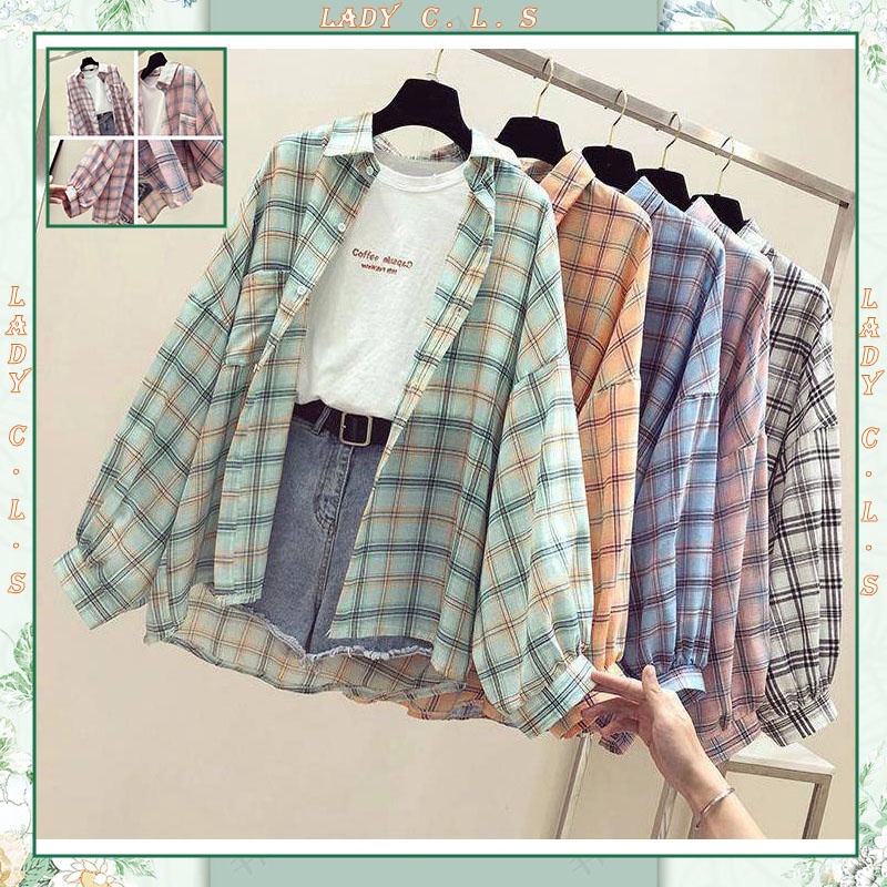 【Ready Stock】Women's Sun Protective Clothing Loose Thin Shirts Plaid Shirt Ladies Casual Outerwear Korean Style Long Sleeve Collared Blouse Women