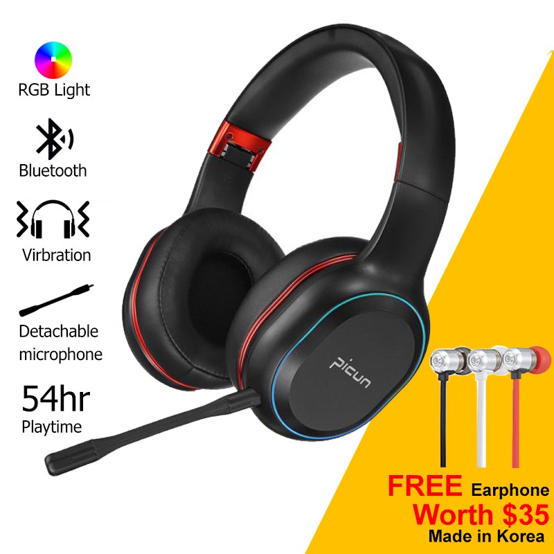Picun P80S X Wireless bluetooth gaming vibration Headphone LED Stereo Bass with detachable Mic Shopee Singapore