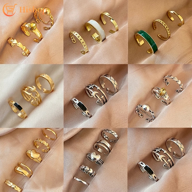 Gold Fashion Adjustable Ring Set Geometric Star Moon Ball Heart Chain Rings Set Women Jewelry Accessoires