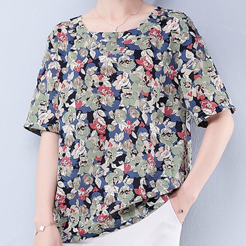 Tree Hua Middle-Age Elderly Women's Clothing Simulation Silk Shirt Printed Summer Mid-Sleeved Loose Mother's Plus Size