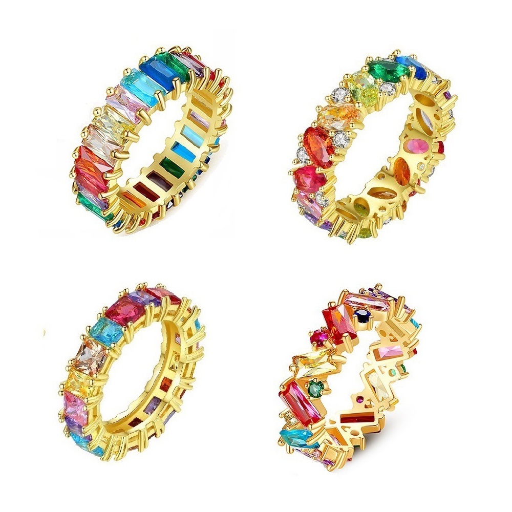 Ins Hot Trendy Shiny Rainbow Cubic Zirconia Semi-precious Stones 18K Real Gold Eternity Rings for Women Fashion Gift Shopee Singapore bilde
