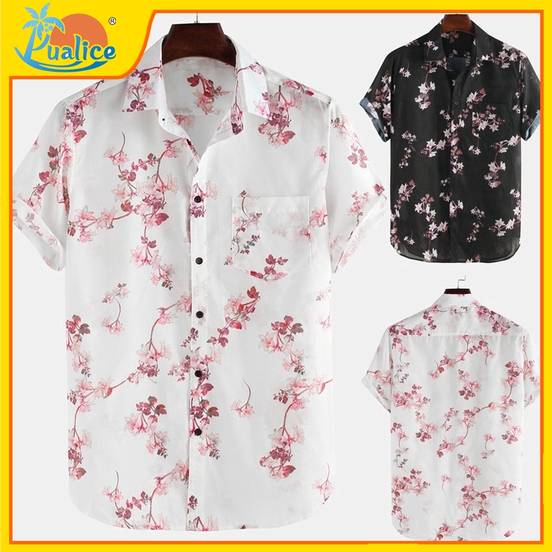 Kemeja Lelaki Men Shirt Kain Batik Summer Printed Men S Shirts Short Sleeve Breathable Floral Print Loose Short Sleeve Lapel Flowers Casual Shirt Hawaii Beach Holiday Party Dress Shirt Tops Men Clothi