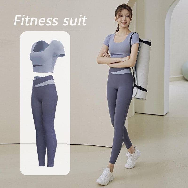 Fitness Padded Sport Top Tight Fitting Sports Yoga Pants Leggings gym  Workout Clothes Short Sleeve Sports T-shirt for Women Quick Dry Sport Wear  Set