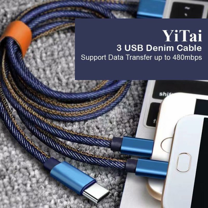 YI TAI - Kabel Data Micro Type C Lightning 3 In 1 Denim Fast Charging