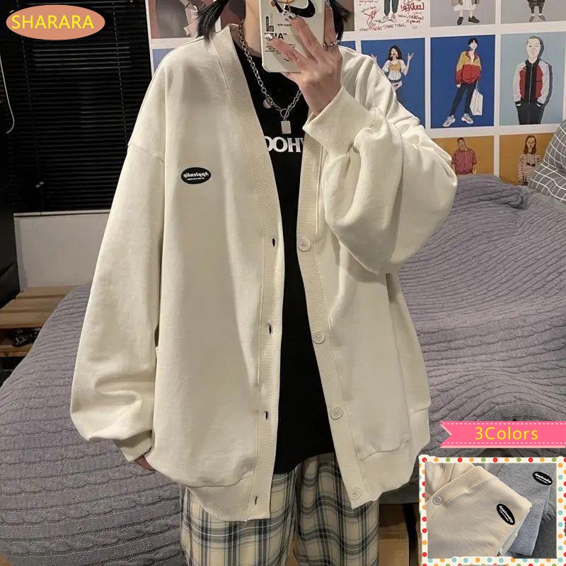 SHARARA Harajuku Long Sleeve Cardigan Loose Plus Size Jacket Button Outerwear 3 Colors Cotton Woman Clothing Oversize School Wear Thin Spring Autumn  For Girl Woman