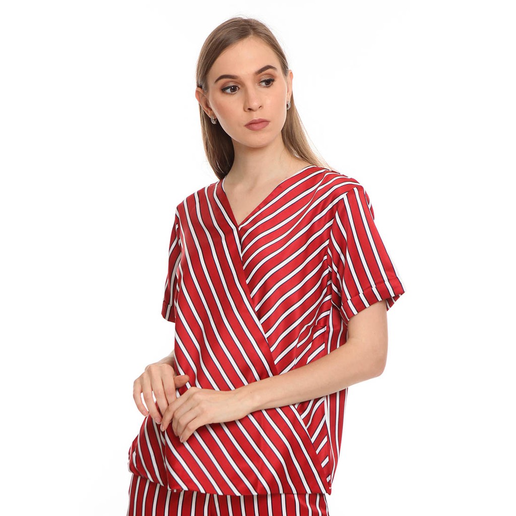 Basix - Taiya Top Red Blouse - Atasan Wanita Satin Stripe Merah