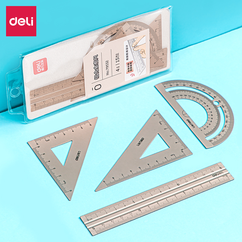 Deli Aluminum Ruler Set Drafting Tools Straght Ruler Protractor Metal ...