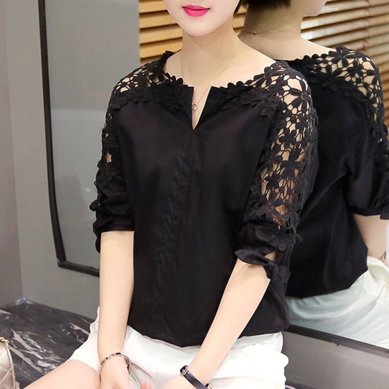 Women Clothing Chiffon Blouse Lace Crochet Korean Top