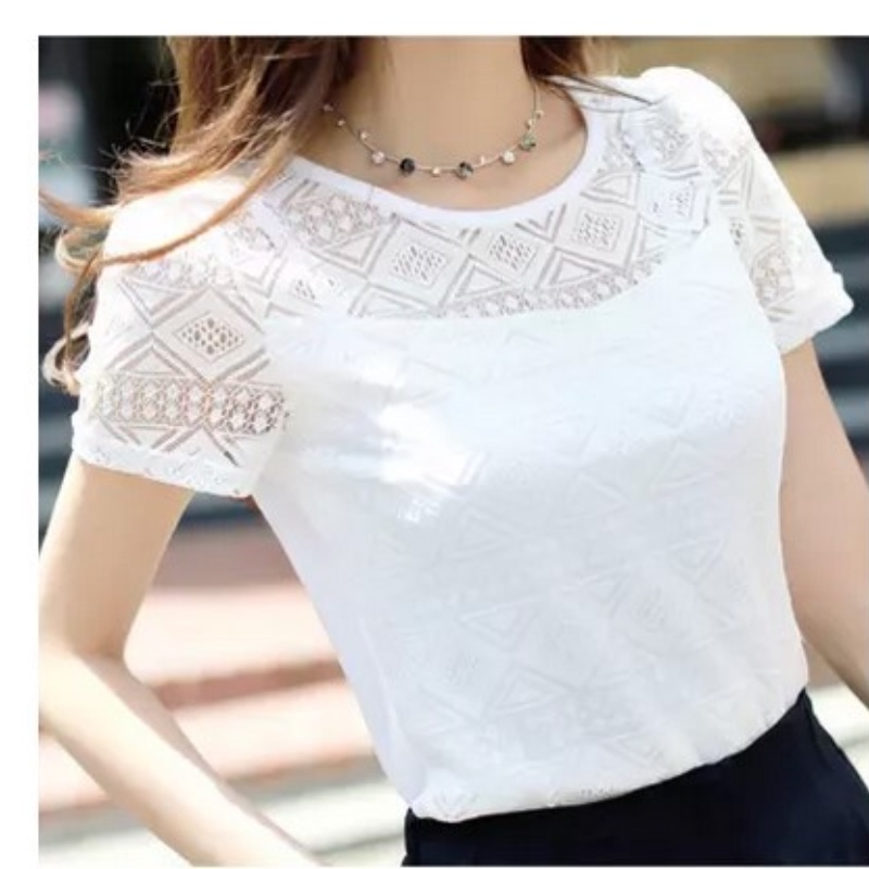 Ready stock New chiffon shirt women's summer women's Korean short-sleeved t-shirt women's tops Slim white lace bottoming shirt women's clothing