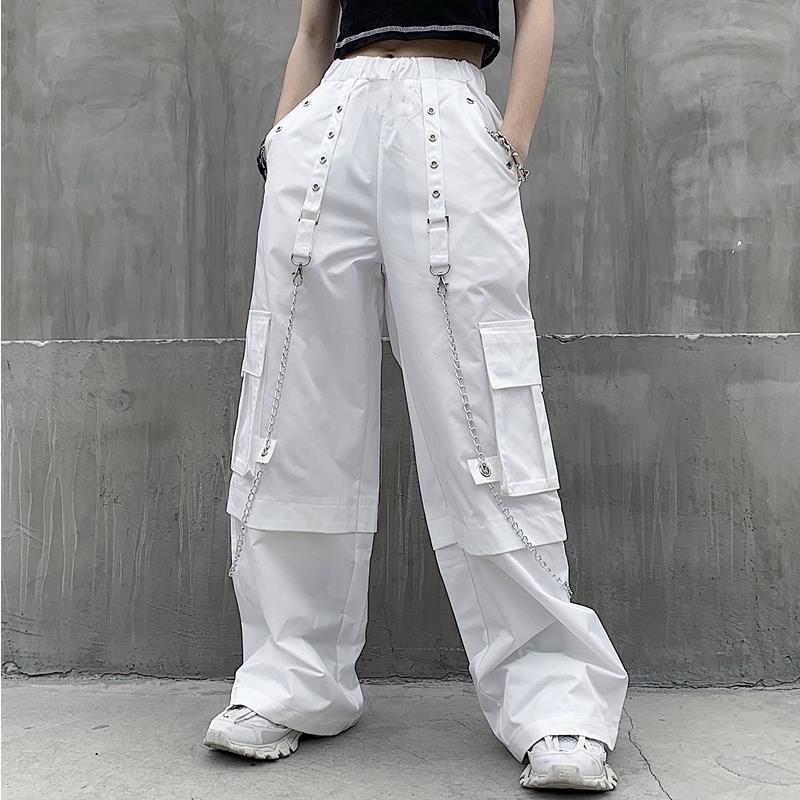 Gothic Harajuku Black Cargo Pants Women Chain Wide Leg Streetwear Loose  Trousers