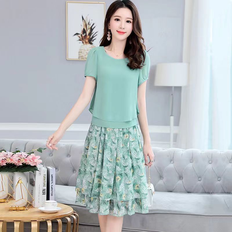 Chiffon Dress Two-Piece Suit New Style Large Size Floral Narrow Waist ...