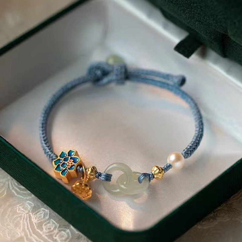 Buddha Stones Natürliches Hetian Jade Lotus Glücksarmband