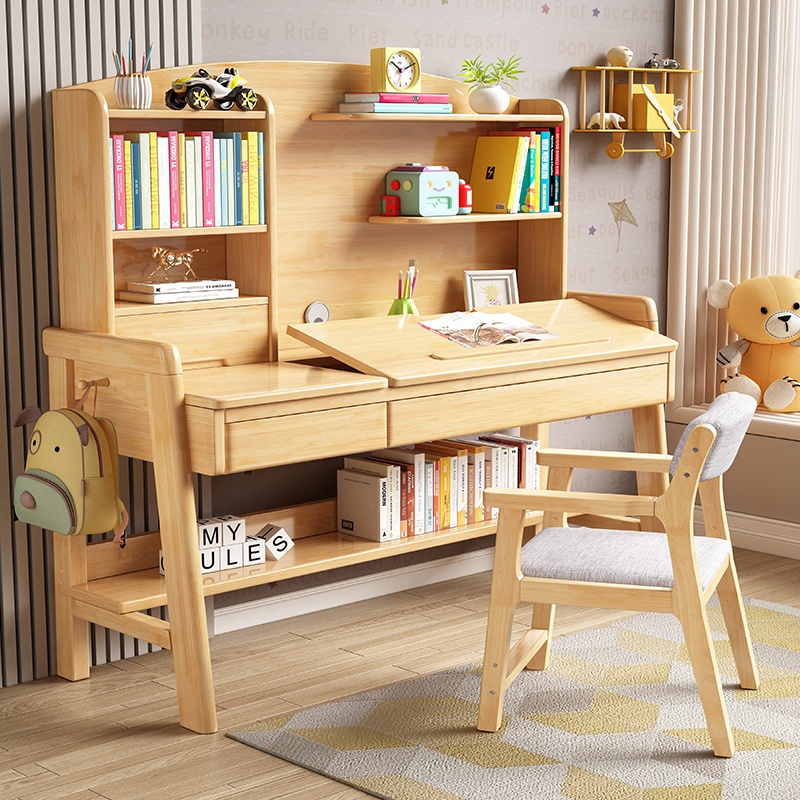 Children's Table Learning Laptop Table Tiltable Top Solid Wood Primary ...