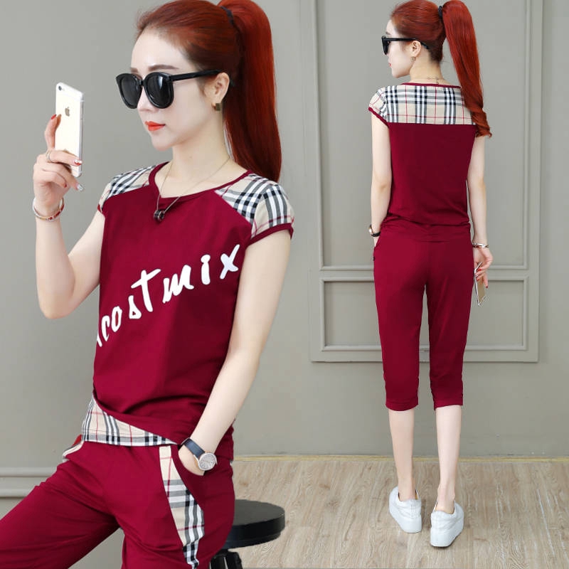 Sports Suit Women's Top+cropped Trousers Suit Short Sleeve T-shirt Large Size Fashion Casual Two-piece Set