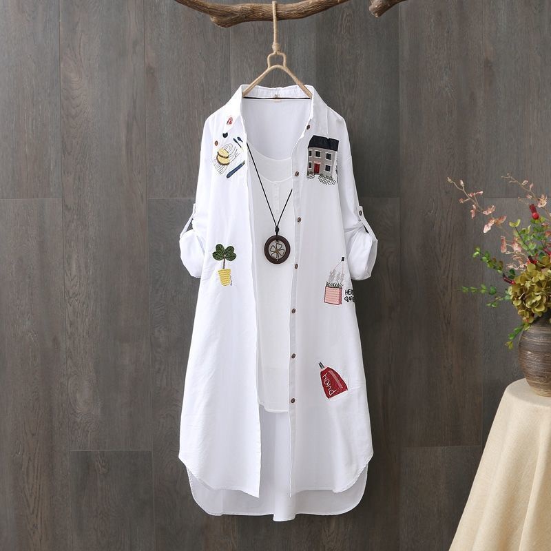 NEW2022 Summer Cotton Shirt Women New Style Loose Mid-Length Top Literary Embroidered Sun Protection Clothing Long-Sleeved
