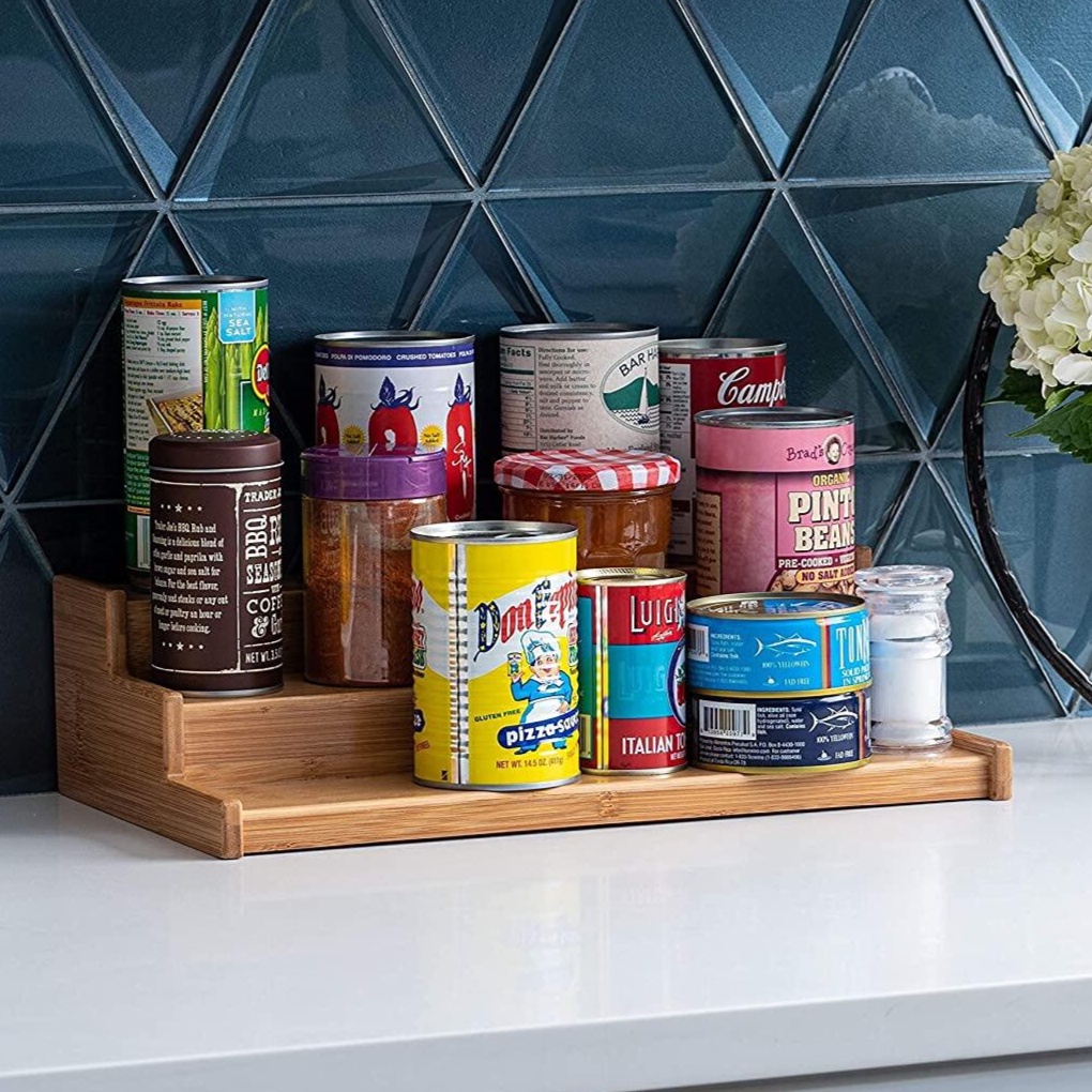 3 Tier Bamboo Rack Glass Jar Wooden Stand Spice Rack Seasoning Bottle ...