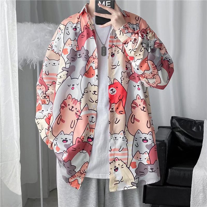 【ST Clothing】Japanese Cute Cat Print Long-sleeved Shirt Design Sense of Men and Women All-match Top M-3XL