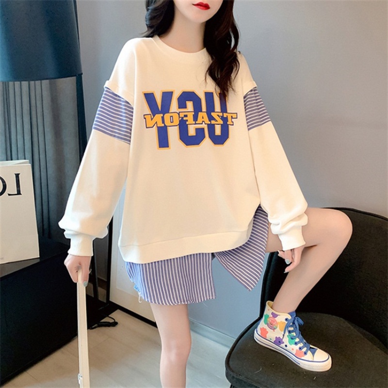 Ready stock New fake two-piece design sweater women's spring and autumn hem slit fashion wear and match splicing tops ins tide women's clothing