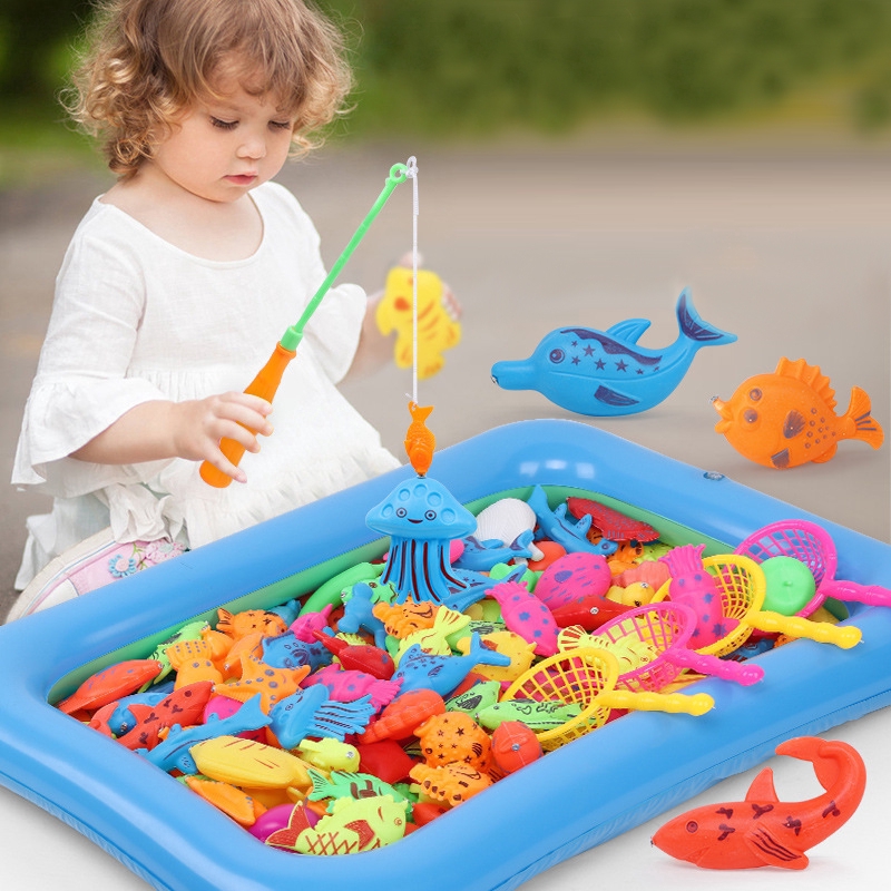 46PCS Children Magnetic Fishing Toy With Inflatable Pool Parent-Child Interactive Game Baby Bath Toys Summer Outdoor Toys