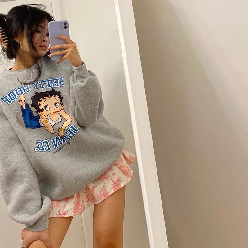 vintage retro betty boop graphic y2k oversized grey cartoon pullover  sweater sweatshirt | Shopee Singapore