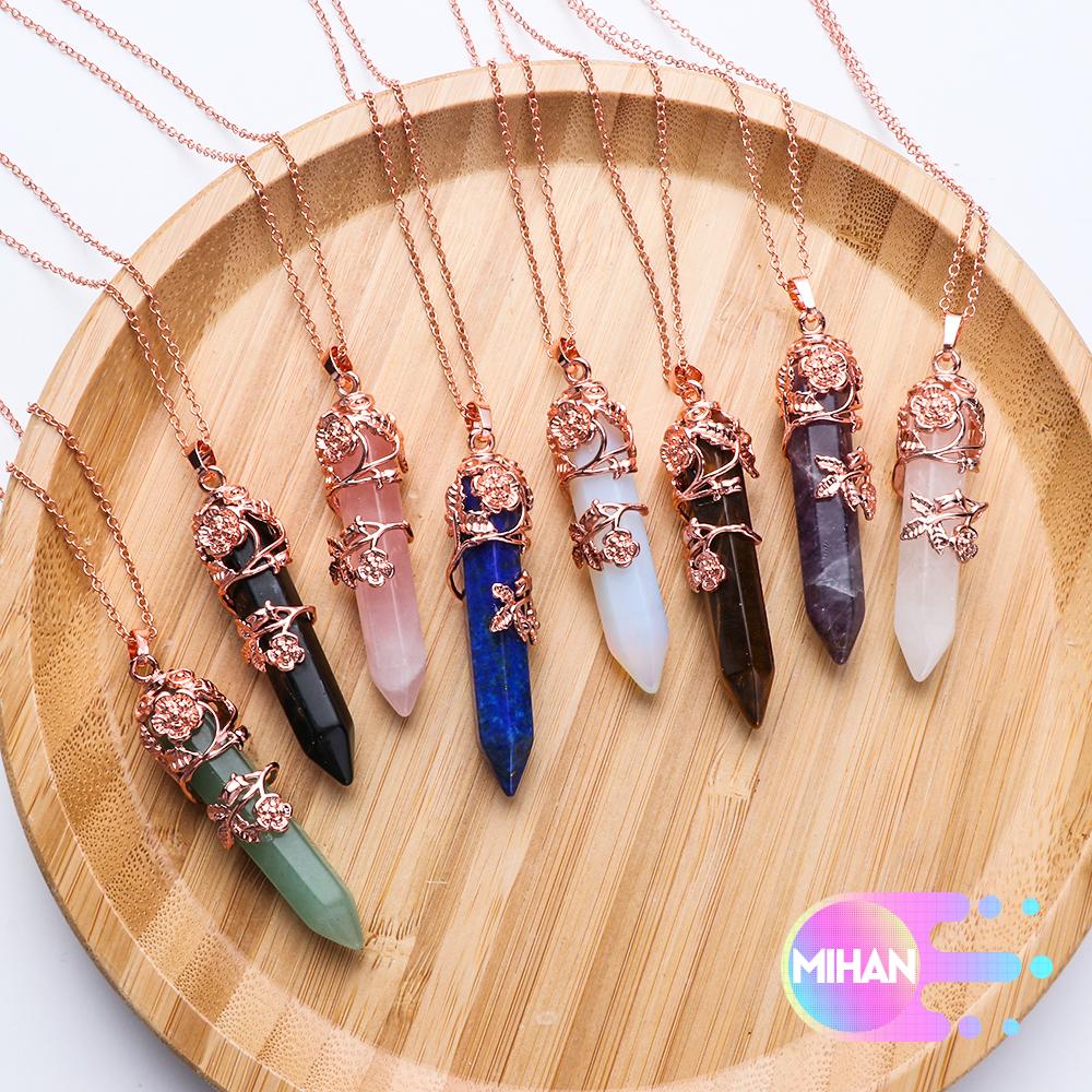 MIHAN Jewelry Flower Wrapped Quartz Pendant Wire Wrap Natural Stone Necklace Hexagonal Healing Crystal Necklace Rose Quartz White With Chain Gift for Women Men Amethyst