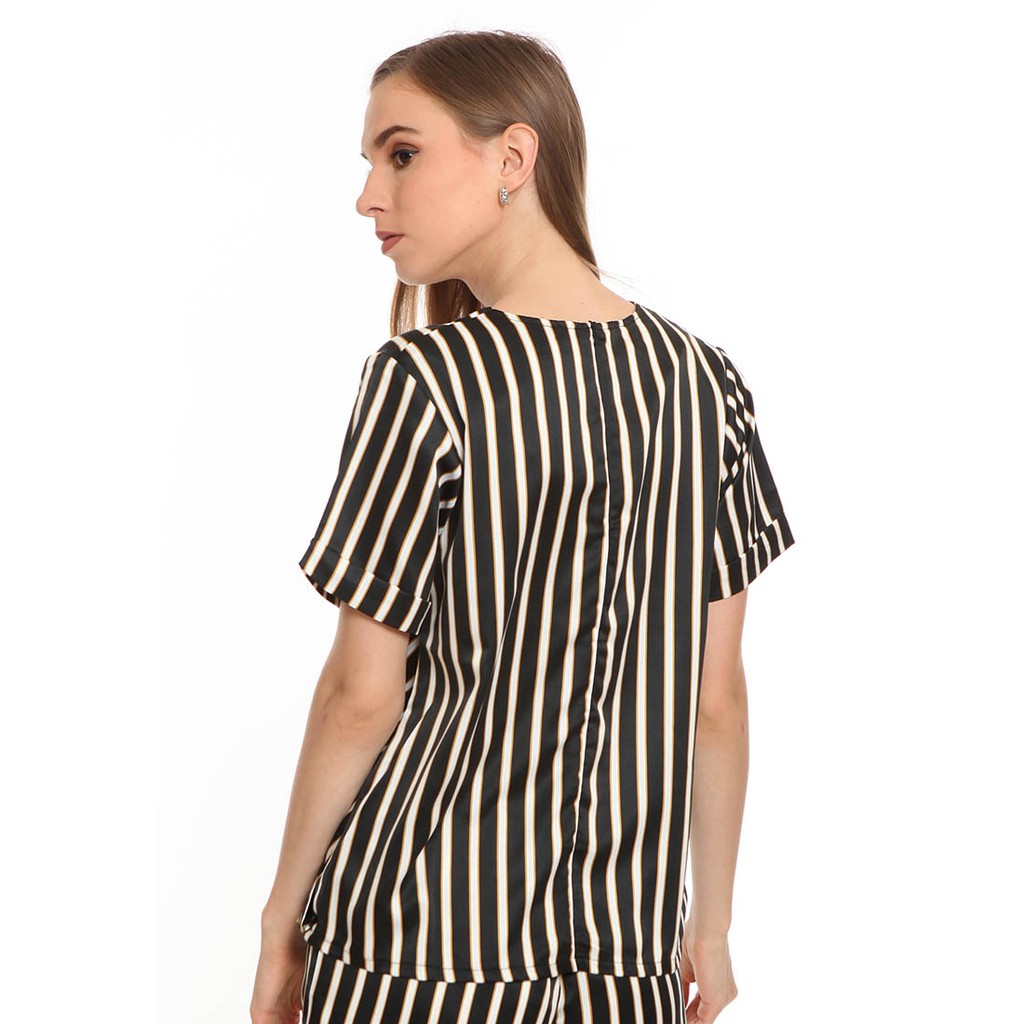 Basix - Taiya Top Black Blouse - Atasan Wanita Satin Stripe Hitam - Gambar 3