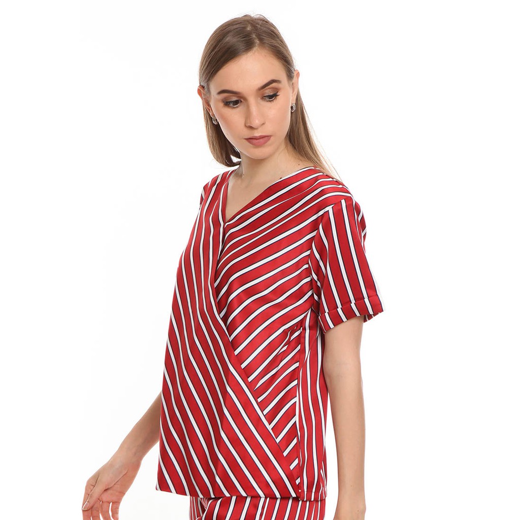 Basix - Taiya Top Red Blouse - Atasan Wanita Satin Stripe Merah - Gambar 2