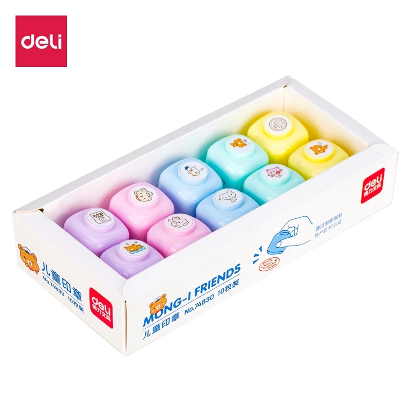 Deli Stempel Gambar Kartun 10 PCS/Box dengan 4 Warna Cerah 74830