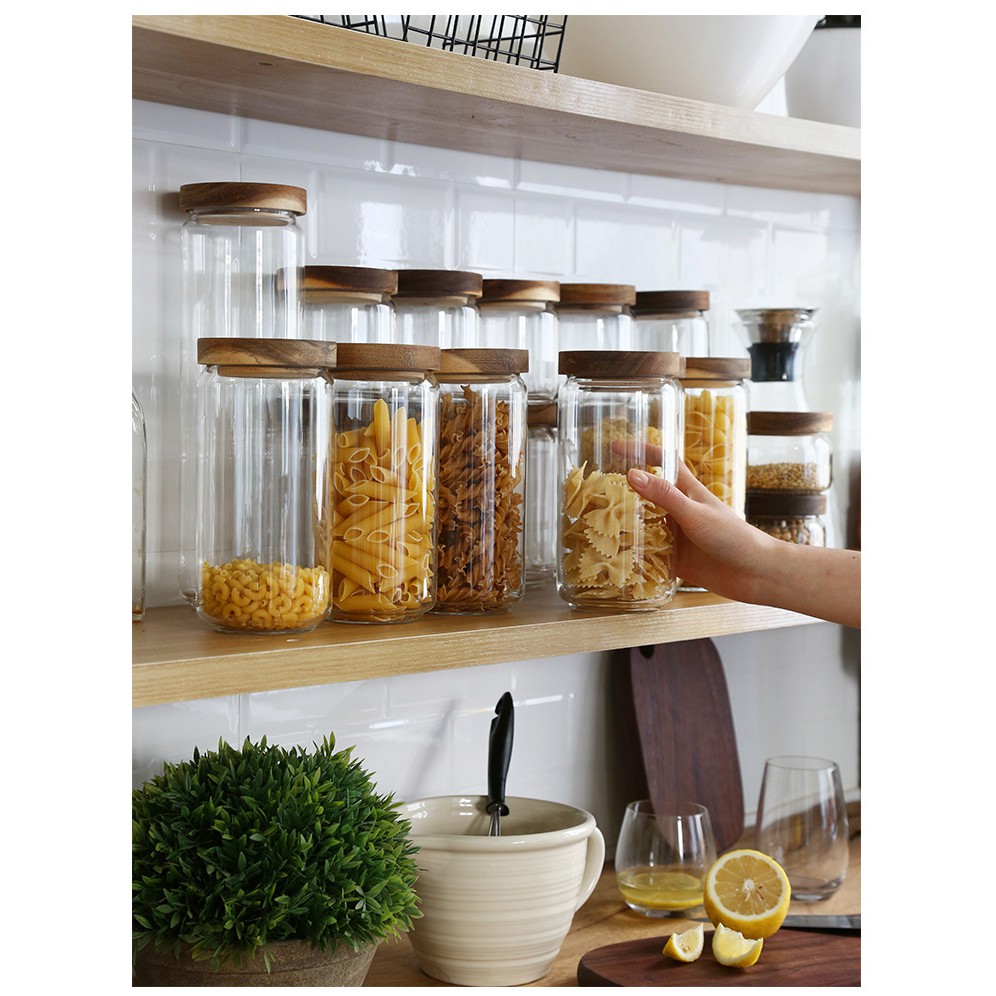 Wood Lid Glass Airtight Canister Kitchen Storage Bottles Jar Sealed Food  Container Tea Coffee Beans Grains Candy Jars Organizer
