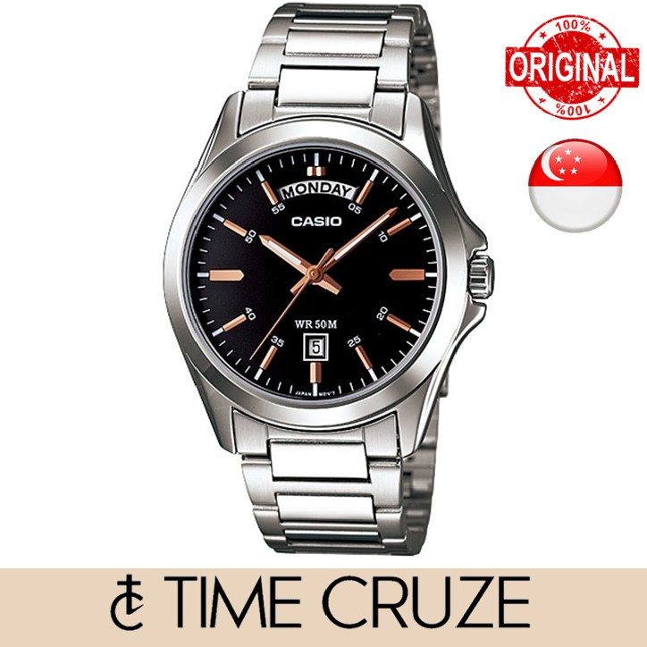 Time Cruze Casio Mtp 1370 Day Date Stainless Steel Black Dial Men