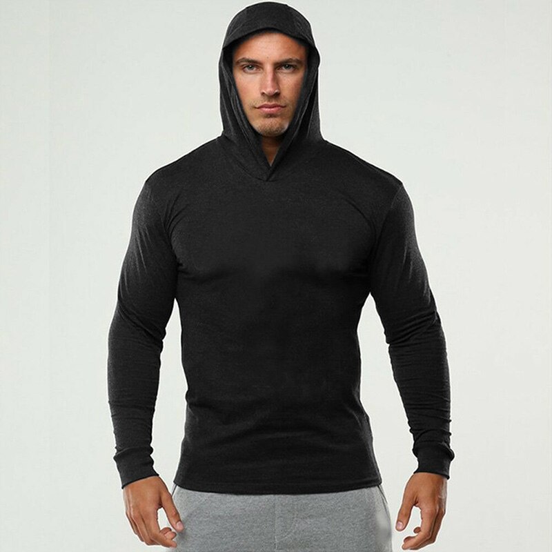 Mens Bodybuilding Long Sleeve T shirt Man Fashion Cotton Slim Fit Hooded T-Shirt Male Gym Fitness Workout Jogger Clothing