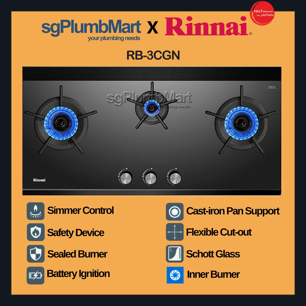 Rinnai X SgPlumbMart RB-3CGN 3 Burner Inner Flamge Glass Gas Hob ...