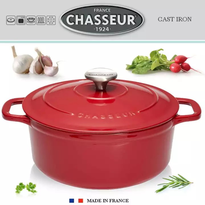 CHASSEUR Cast Iron Round Casserole 24cm 4 Ltr Red Black