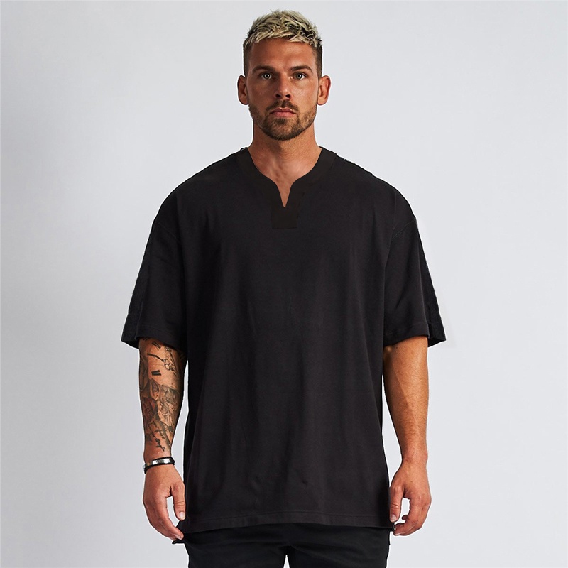Plain Blank Cotton Fitness Mens Oversized V neck T Shirt Hip Hop Streetwear Loose Gym Clothing Half Sleeve T-shirt Plus size Bodybuilding Tshirt