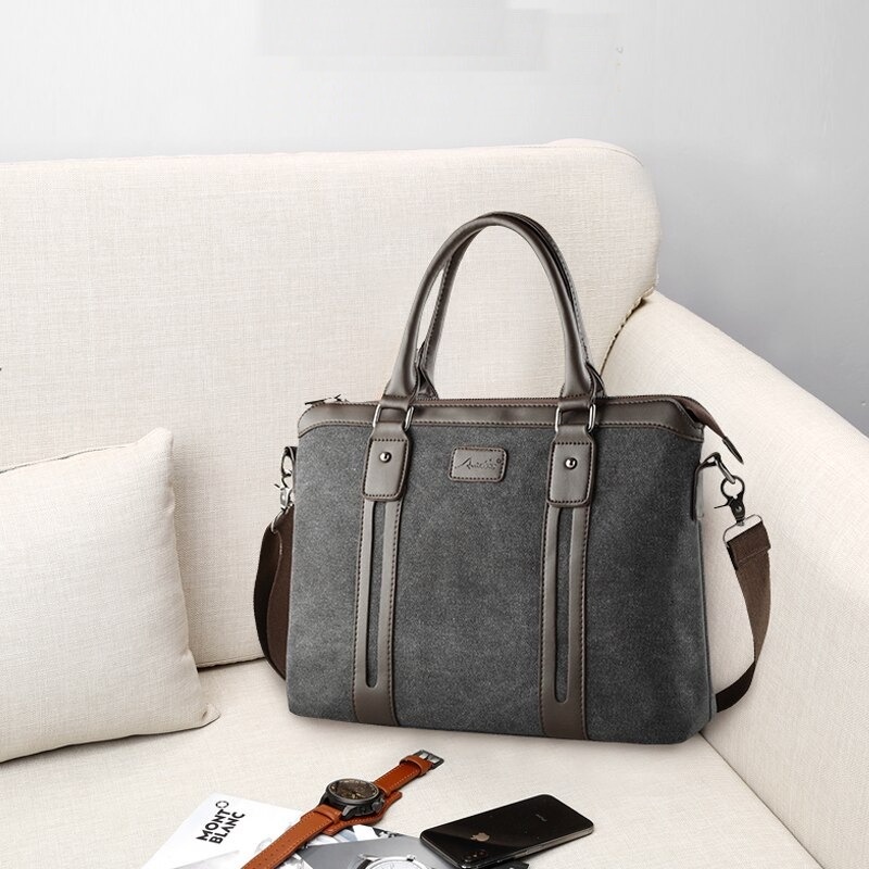P&D Briefcase Men Handbag Vintage Shoulder Bag Canvas Large Capacity