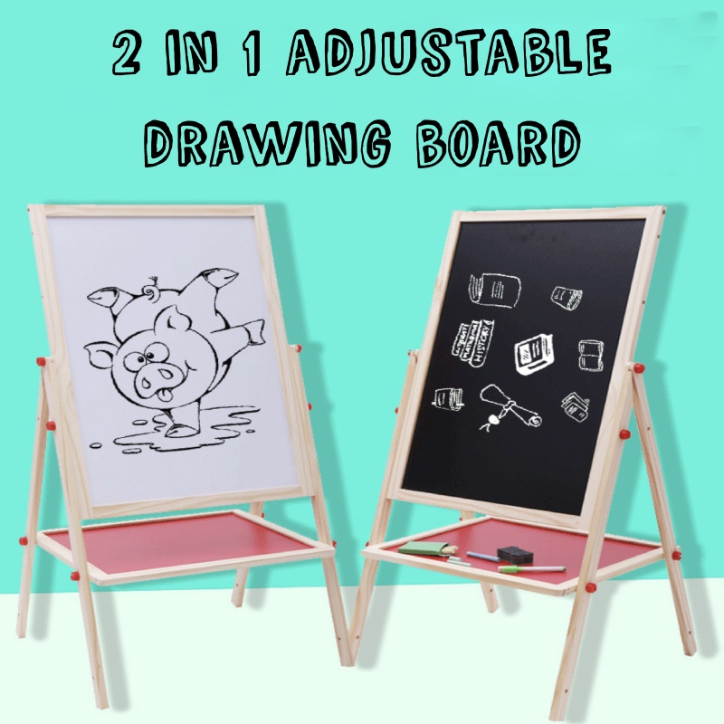2 In 1 Wooden Blackboard Whiteboard Double Sided Adjustable