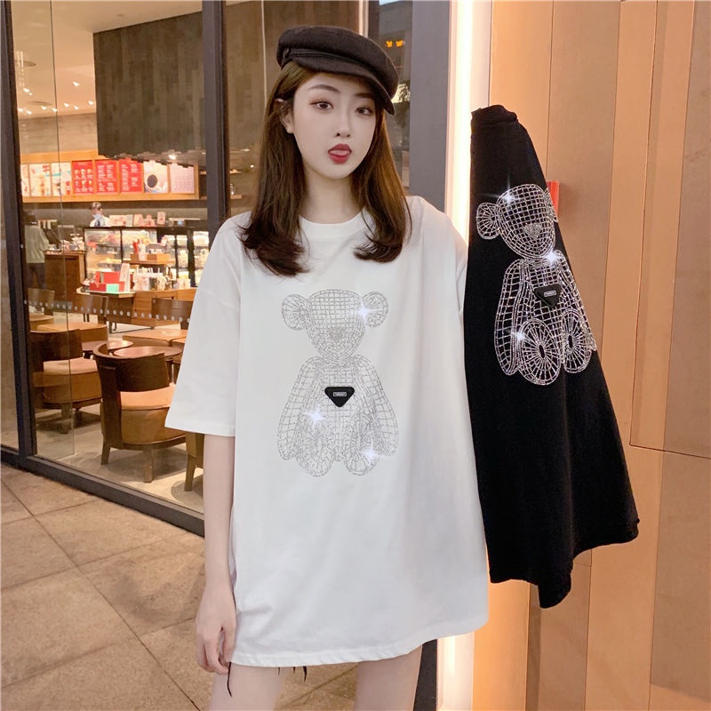 ✈❈◄J&M❤ Women Short Sleeve T-shirt Oversized Plus Size Fashion Black White T Shirt Losse Bling Rhinestone Clothing 烫钻T恤重工闺蜜装小熊宽松短袖T恤女2021春装新款中长款大码打底上衣女潮