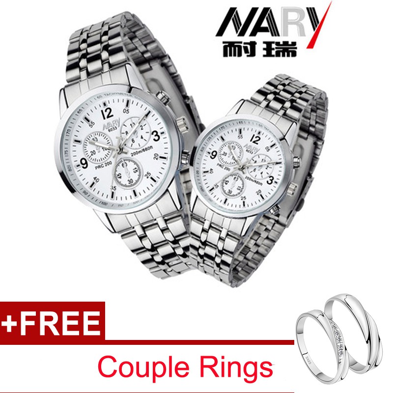 Free Couple Rings 2Pcs set Nary Couple Watch Full Stainless Steel Waterproof Quartz Wristwatches