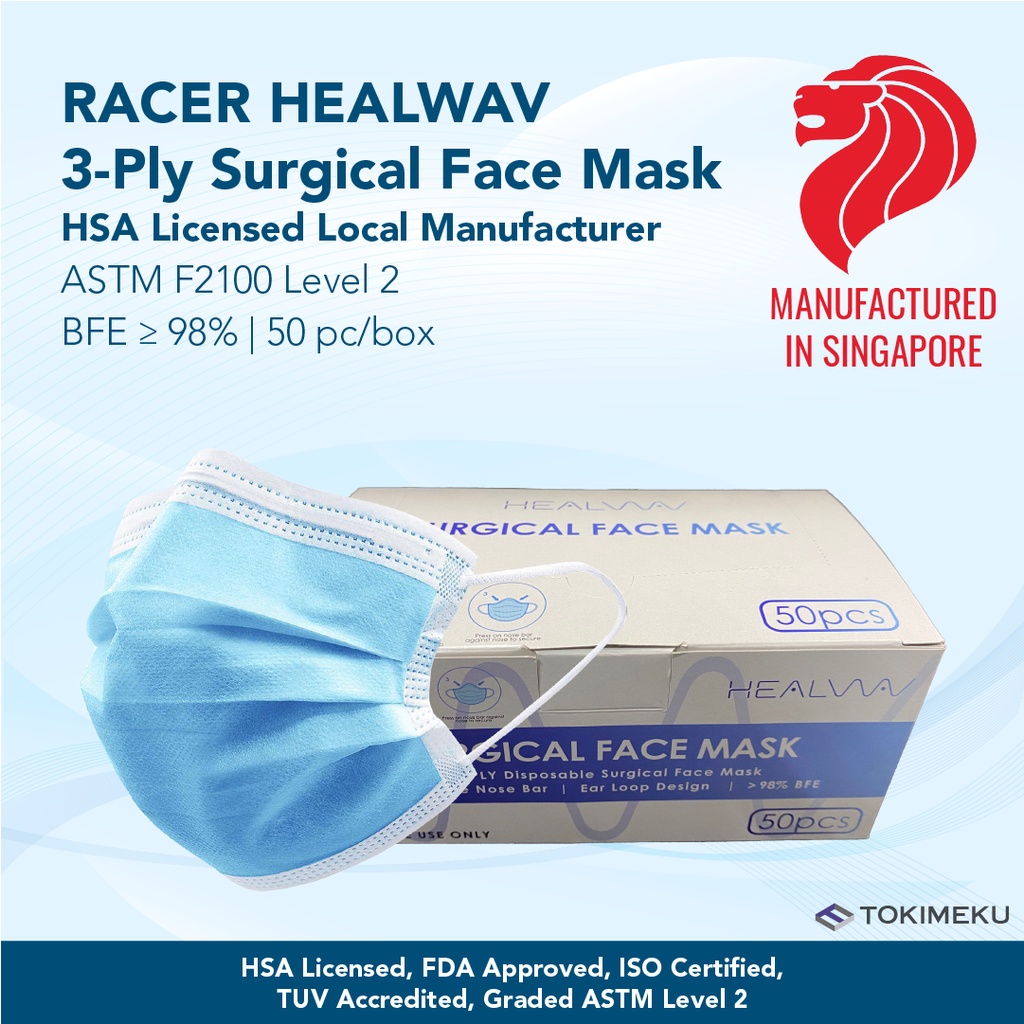 [MADE IN SINGAPORE, HSA Licensed] 3 Ply Surgical Mask Adult Racer BFE
