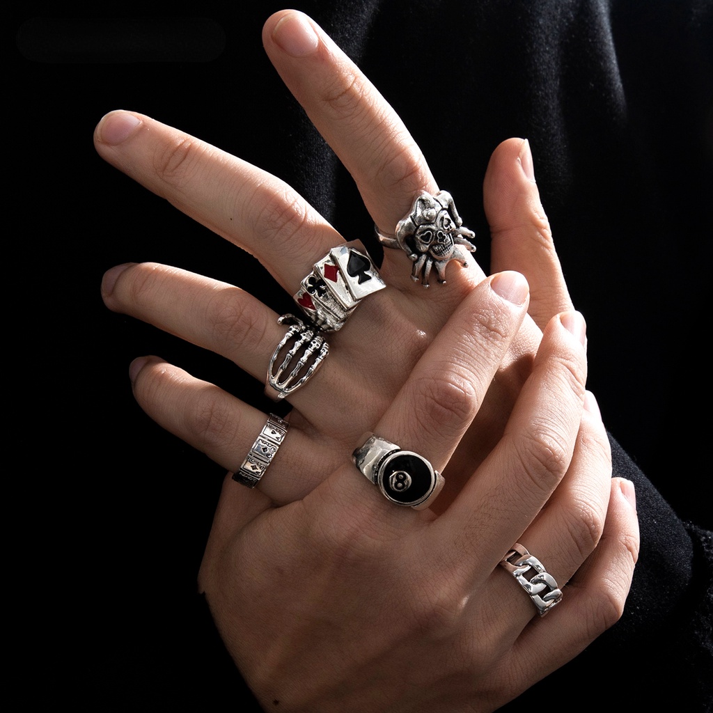 Retro Punk Poker Joker Silver Color Rings for Men Goth Skeleton Billiards Set Couple Emo Fashion Jewelry