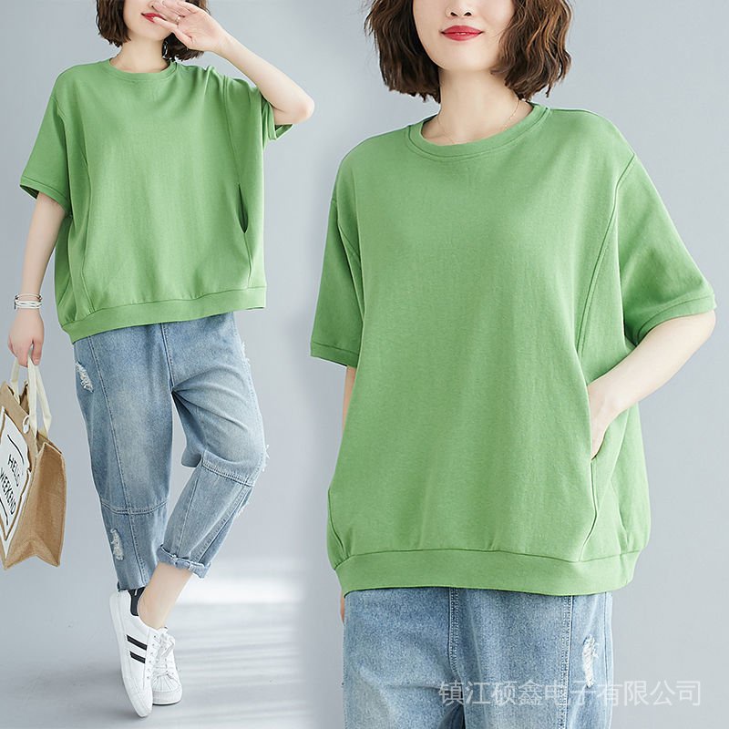 Short Sleeve Shirt Cotton Pocket Women's Clothing Plus Size T-Shirt Women Slimmer Look Korean Style Loose Casual Slightly Fat Girls Cover Belly Hidden Meat Top