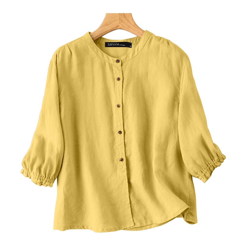 ZANZEA Women Daily Solid Simple Casual Round Neck 3/4 Sleeves Buttons ...