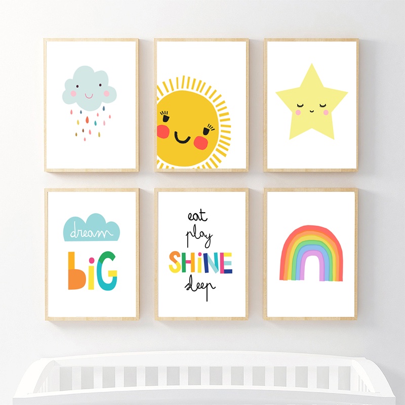 Cartoon Sun Rainbow Posters and Prints Star Canvas Painting Kids Room