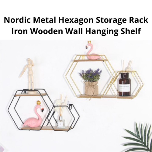 Nordic Metal Hexagon Storage Rack Iron Wooden Wall Hanging Shelf ...