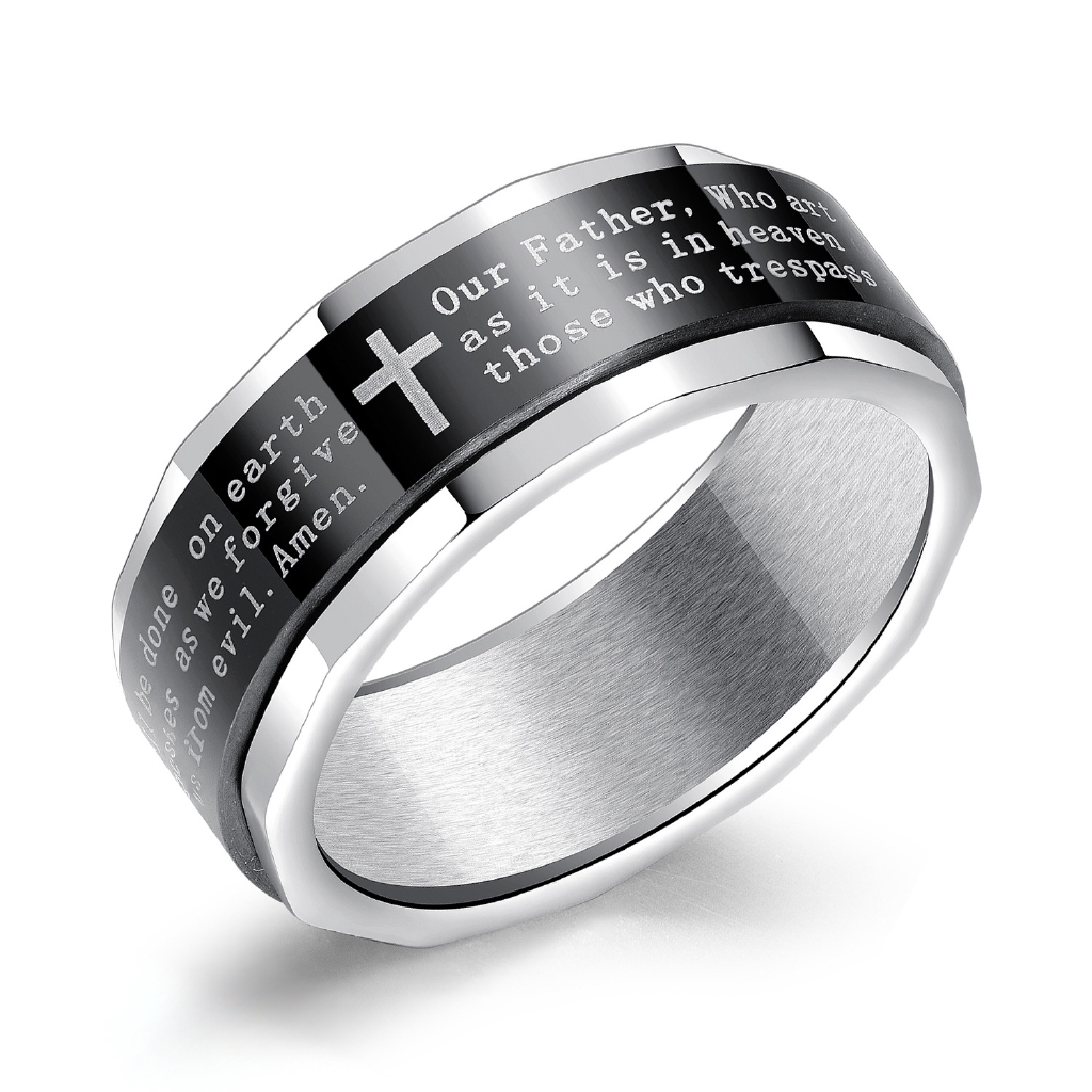 8mm Rotatable Spinner Ring for Men Stress Release Bible Cross Stainless ...