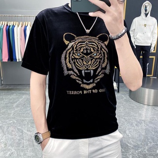 New Luxury Fashion Men T-Shirt Tiger Rhinestones Hot Diamond Short Sleeve